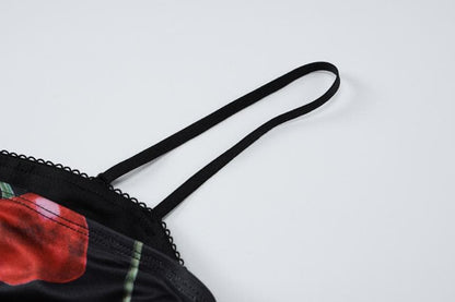 Fruit print lace hem knotted cami maxi dress