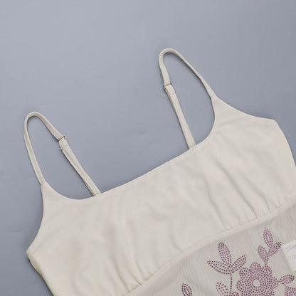 U neck beaded flower pattern mesh cami mini skirt set