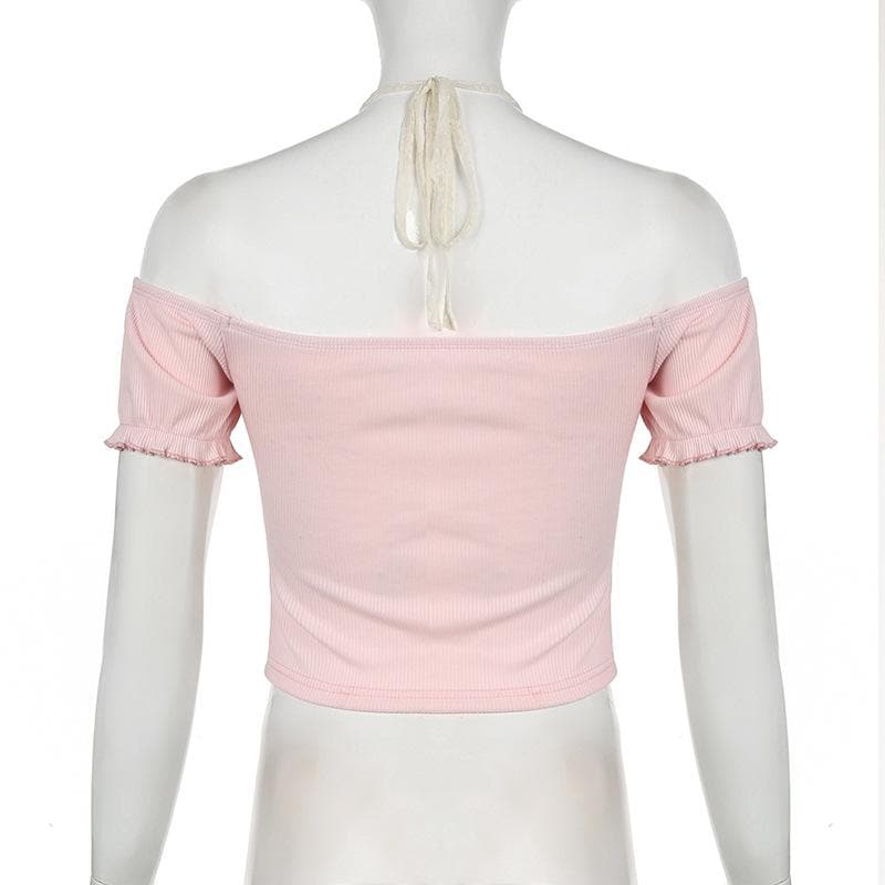 Short puff sleeve off shoulder halter ribbed top