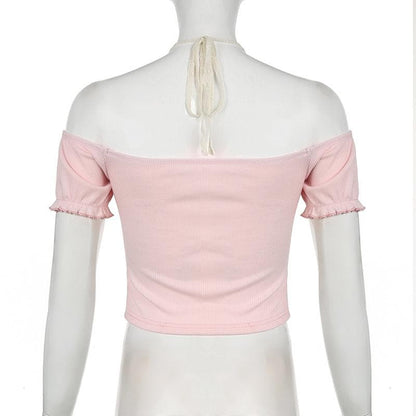 Short puff sleeve off shoulder halter ribbed top