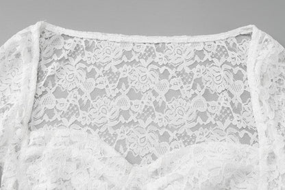 Long flared sleeve ruched lace sweetheart neck solid mini skirt set