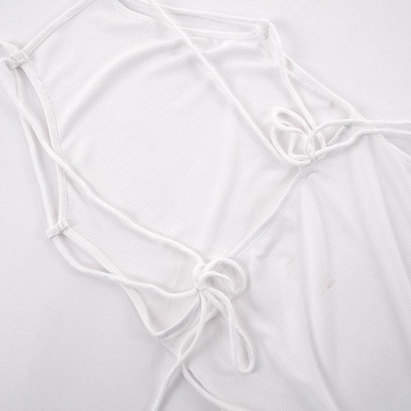 Ribbed halter self tie solid backless sleeveless maxi dress