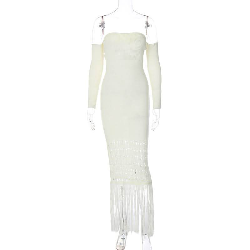 Sweetheart neck off shoulder tassels knitted maxi dress