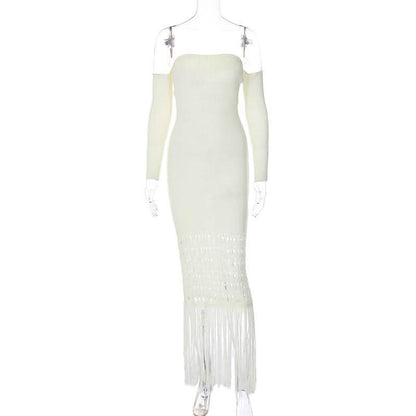 Sweetheart neck off shoulder tassels knitted maxi dress