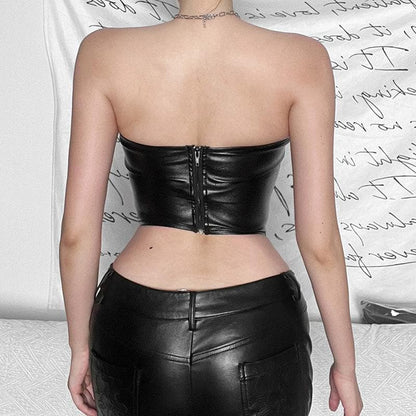Solid PU leather zip-up v neck backless bustier tube crop top