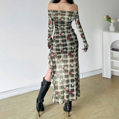 Long sleeve off shoulder flower print ruffle midi dress