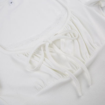 Ruched short sleeve patchwork solid lace hem self tie top