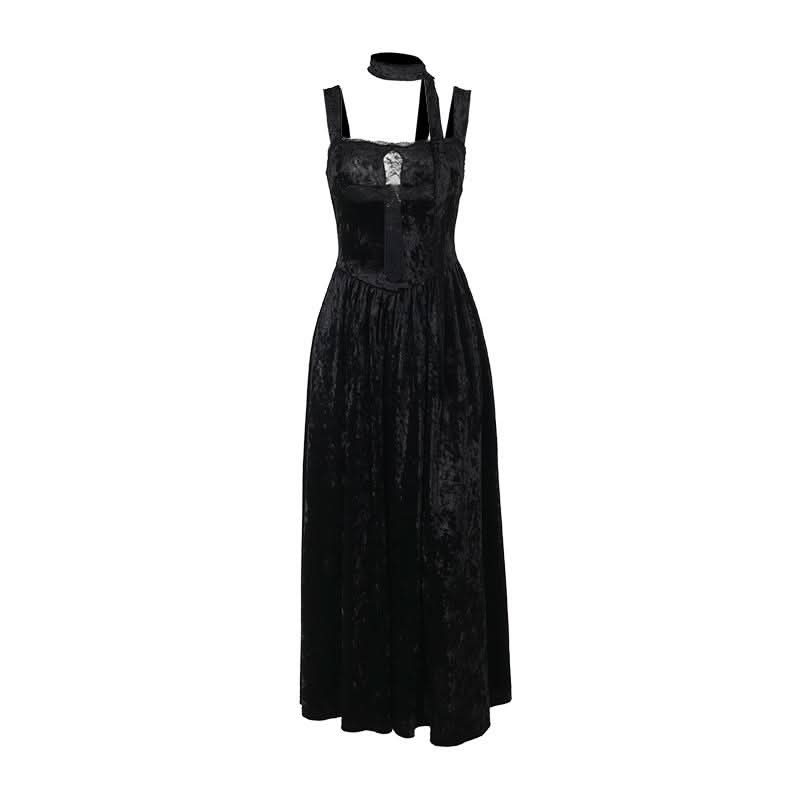 Lace hem velvet cross square neck maxi dress
