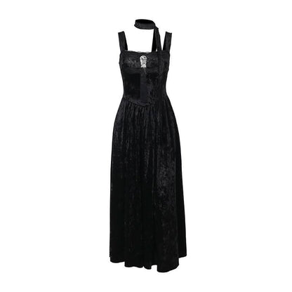 Lace hem velvet cross square neck maxi dress