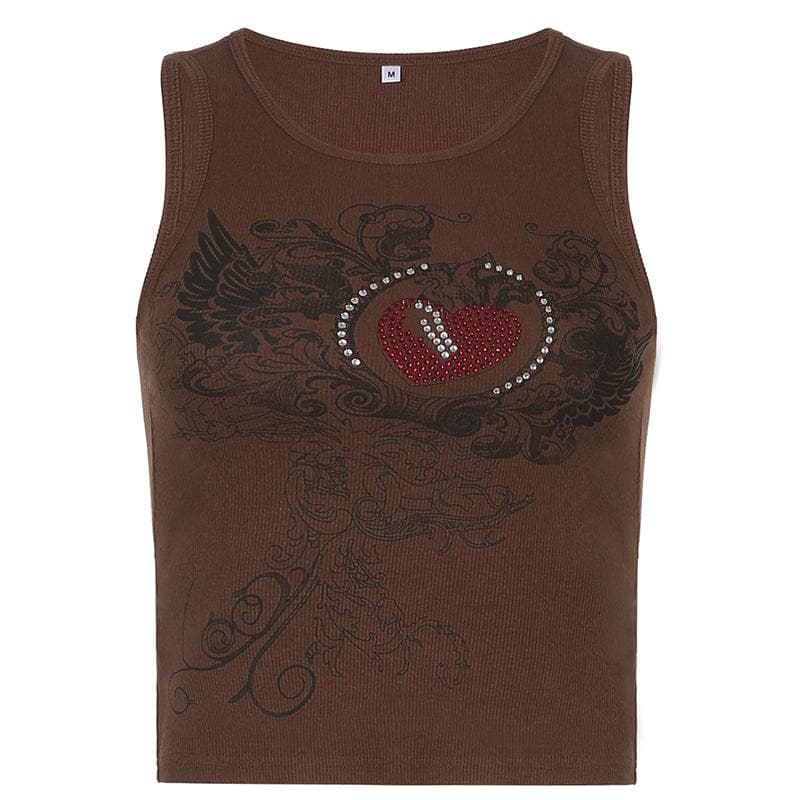 Round neck ribbed print beaded sleeveless top
