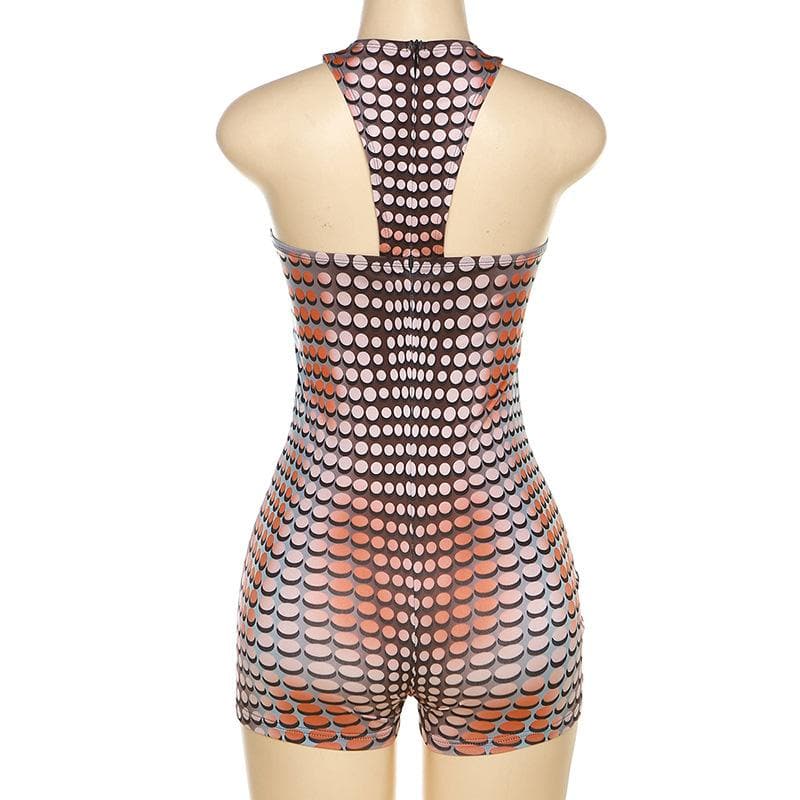 Crewneck polka dot print hollow out romper