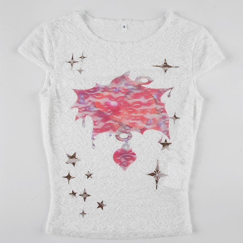 Cap sleeve round neck lace print top