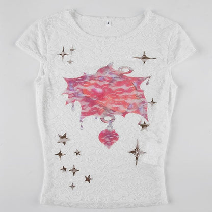 Cap sleeve round neck lace print top