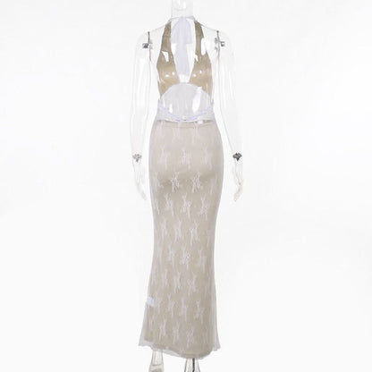 Halter v neck lace backless maxi dress