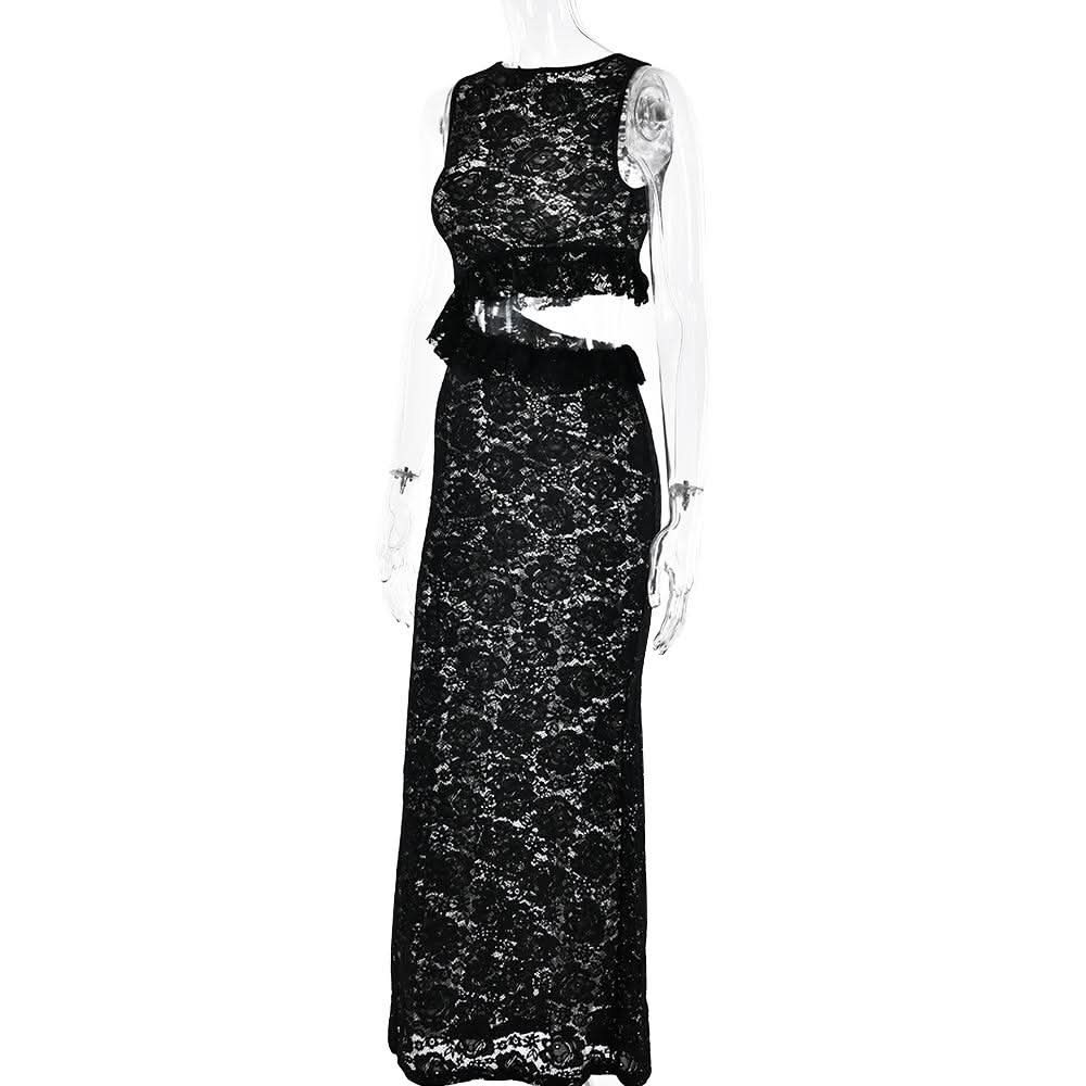 Crewneck hollow out lace ruched see through cut out maxi dress