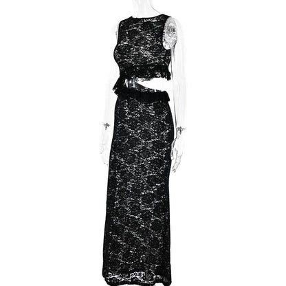 Crewneck hollow out lace ruched see through cut out maxi dress