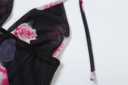 Halter v neck flower print see through maxi dress