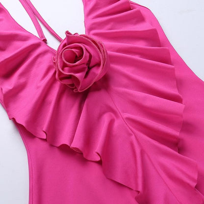 Halter flower applique backless ruffle u neck solid mini dress