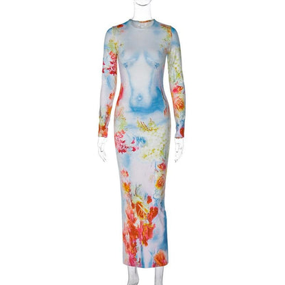 Long sleeve crewneck flower print contrast maxi dress