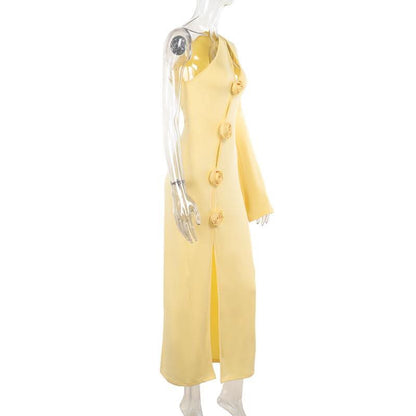 Irregular high slit flower applique long sleeve maxi dress