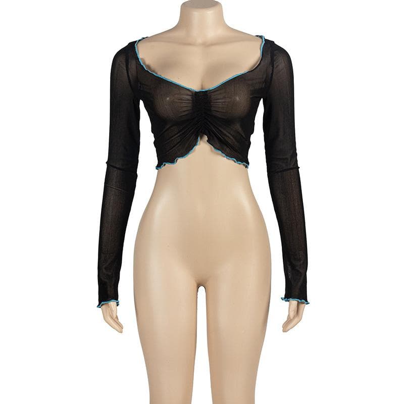 Long sleeve stitch sheer mesh ruffle crop top
