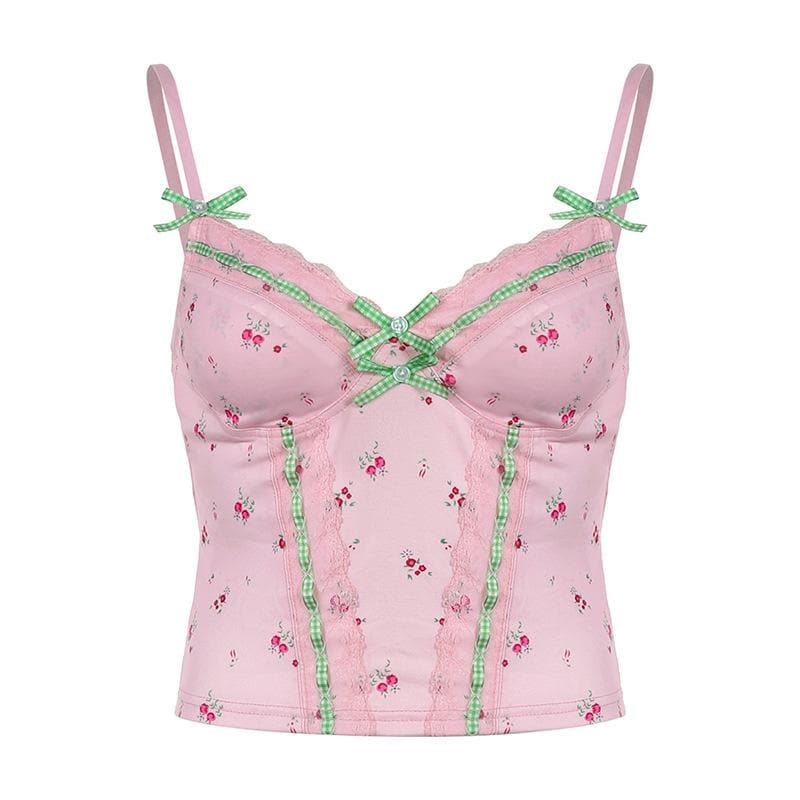 Flower print lace hem bowknot cami top