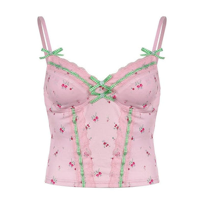 Flower print lace hem bowknot cami top