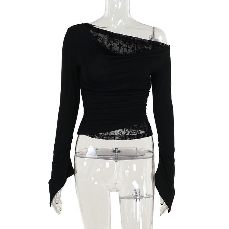 Off shoulder long flared sleeve mesh patchwork top