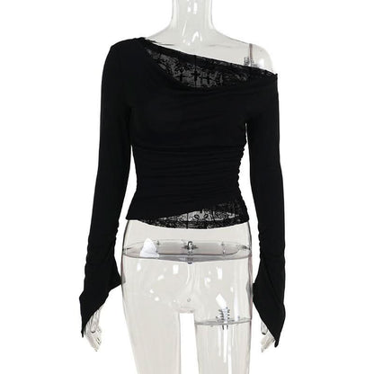 Off shoulder long flared sleeve mesh patchwork top