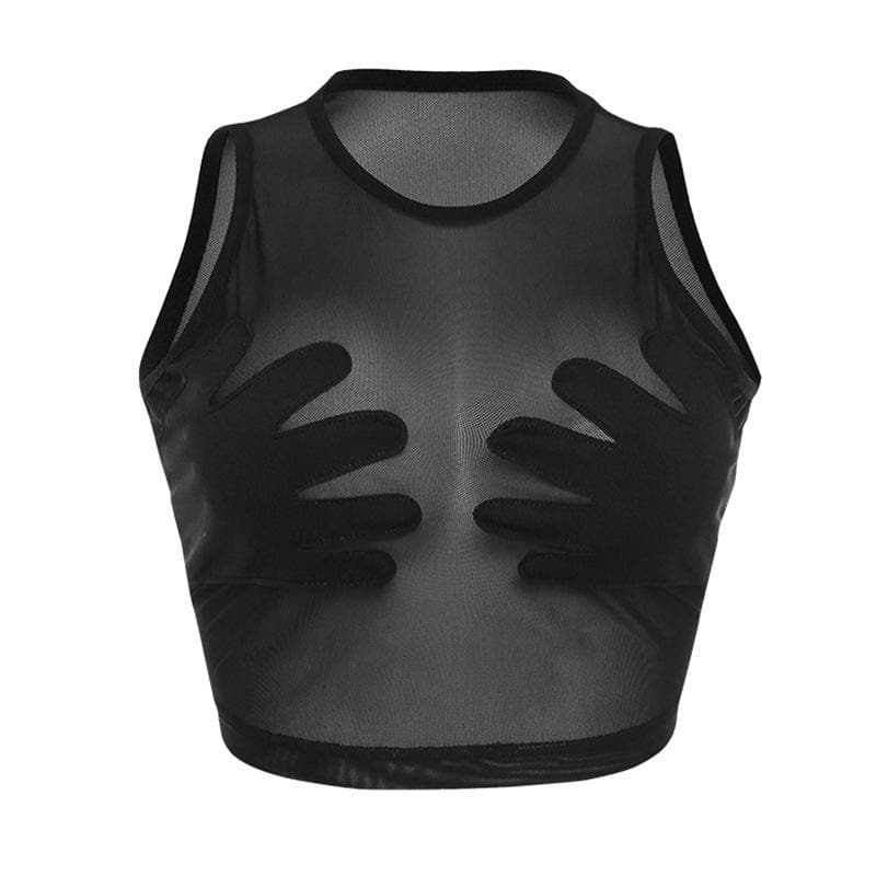 Sheer mesh see through palm embroidered crewneck crop top