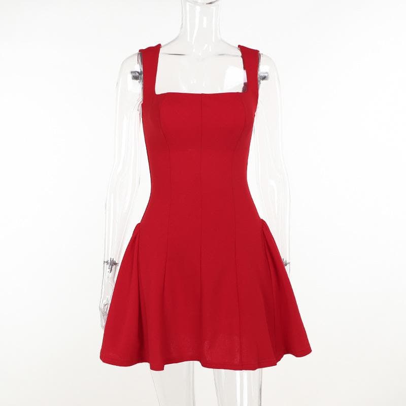 Square neck ruched stitch zip-up cami mini dress