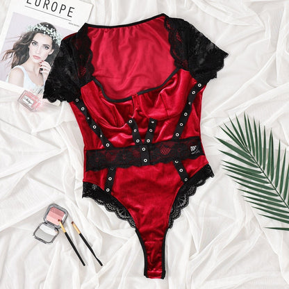 Short sleeve lace velvet patchwork bodysuit