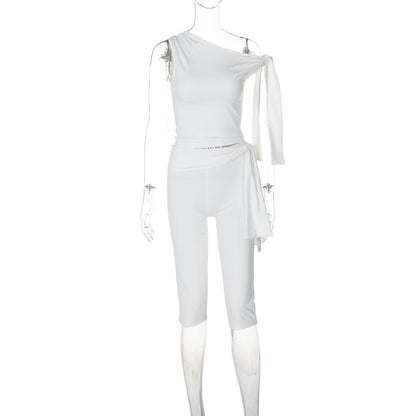 Off shoulder knotted medium rise pant set
