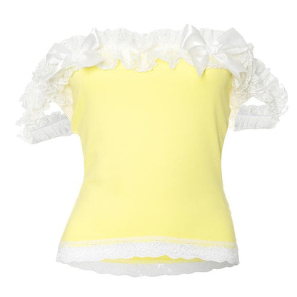 Off shoulder lace hem bowknot ruffle top