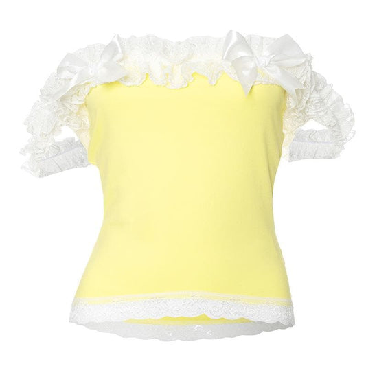 Off shoulder lace hem bowknot ruffle top