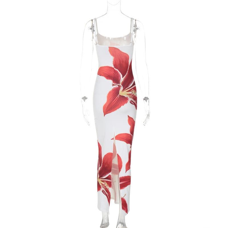 Flower print slit contrast cami maxi dress