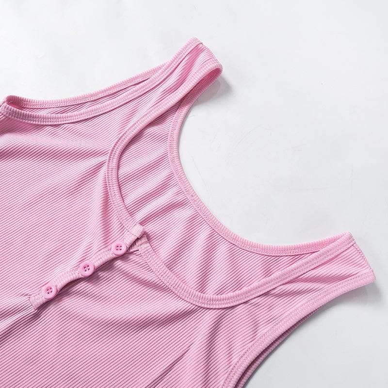 Square neck button ribbed tank top