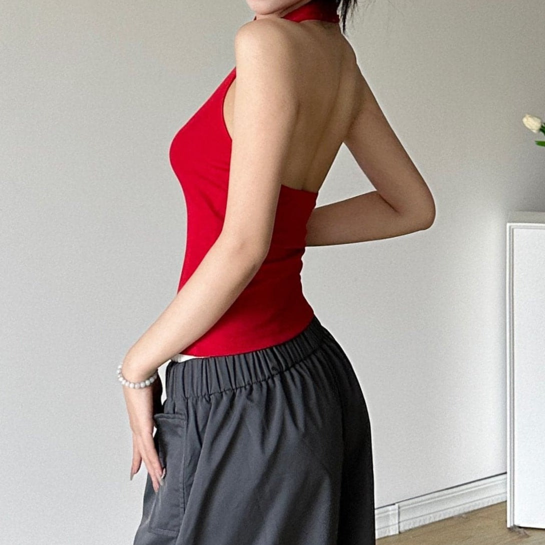 Halter backless flower applique solid top