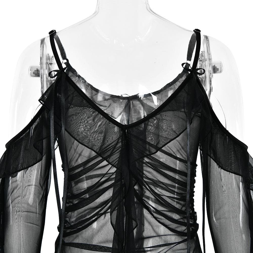 Long flared sleeve Off shoulder sheer mesh ruffle mini dress