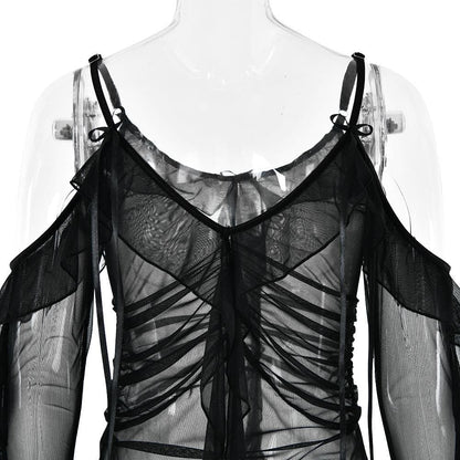 Long flared sleeve Off shoulder sheer mesh ruffle mini dress