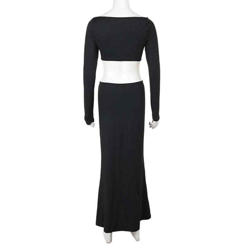 Long sleeve hollow out solid cut out maxi dress
