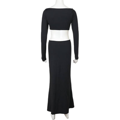 Long sleeve hollow out solid cut out maxi dress