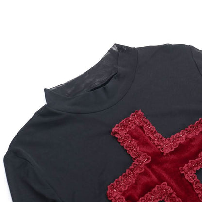 Crewneck long sleeve mesh cross pattern top