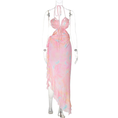 Halter flower applique ruffle backless slit maxi dress