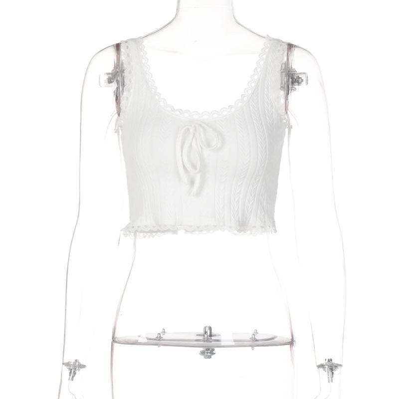 Textured lace hem solid u neck sleeveless crop top