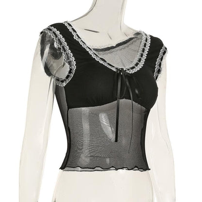 Lace hem mesh bowknot ribbon ruffle top