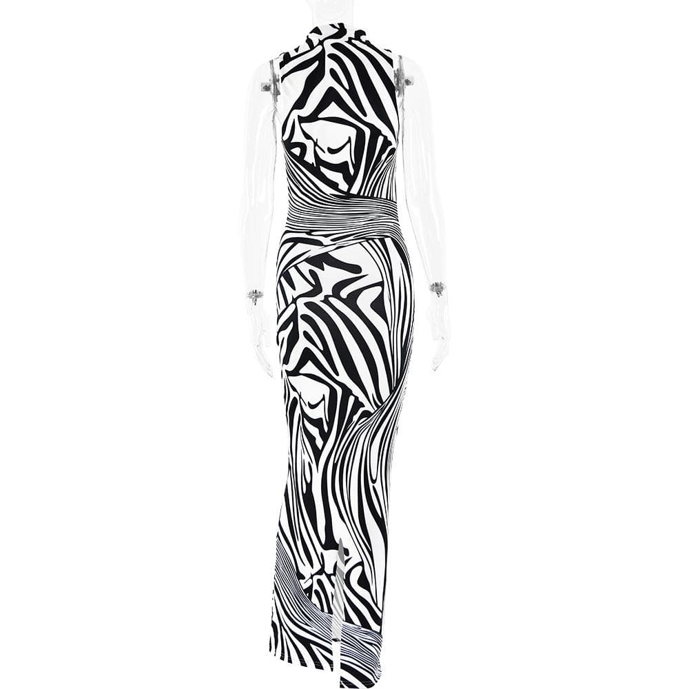 Zebra print hollow out high neck cut out maxi dress