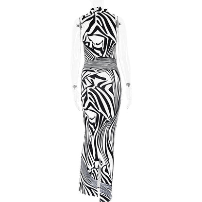 Zebra print hollow out high neck cut out maxi dress