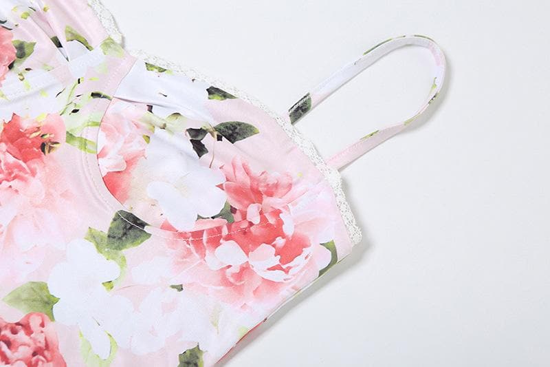 Print lace hem sweetheart neck slit cami maxi dress