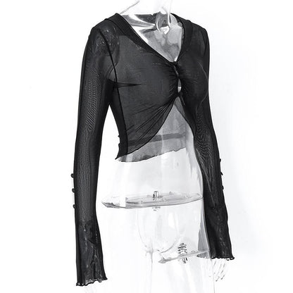 Sheer mesh see through button hollow out long sleeve crop cut out top